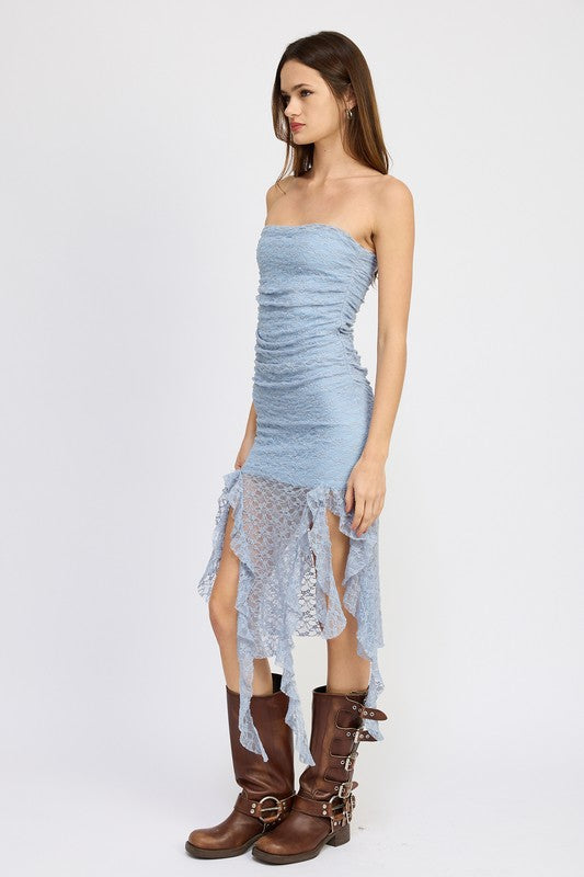 LACE TUBE DRESS WITH RUFFLE DETAIL