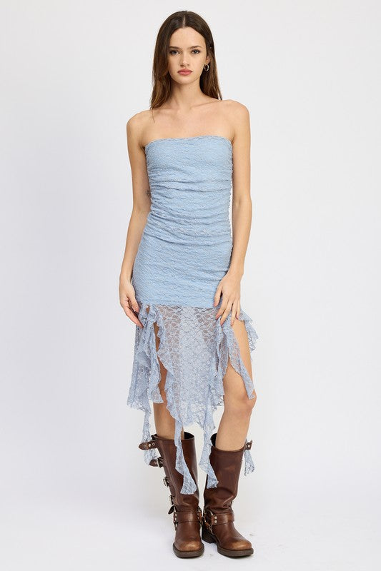 LACE TUBE DRESS WITH RUFFLE DETAIL