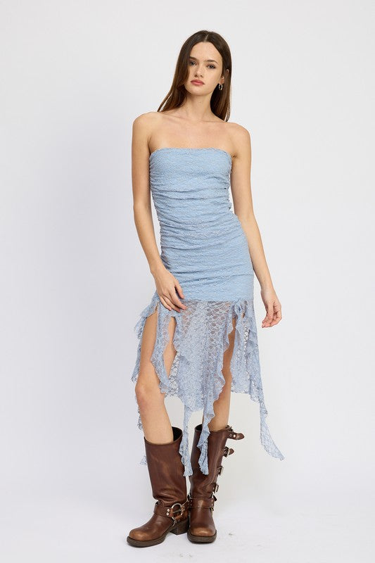 LACE TUBE DRESS WITH RUFFLE DETAIL