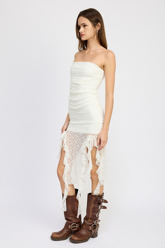 LACE TUBE DRESS WITH RUFFLE DETAIL