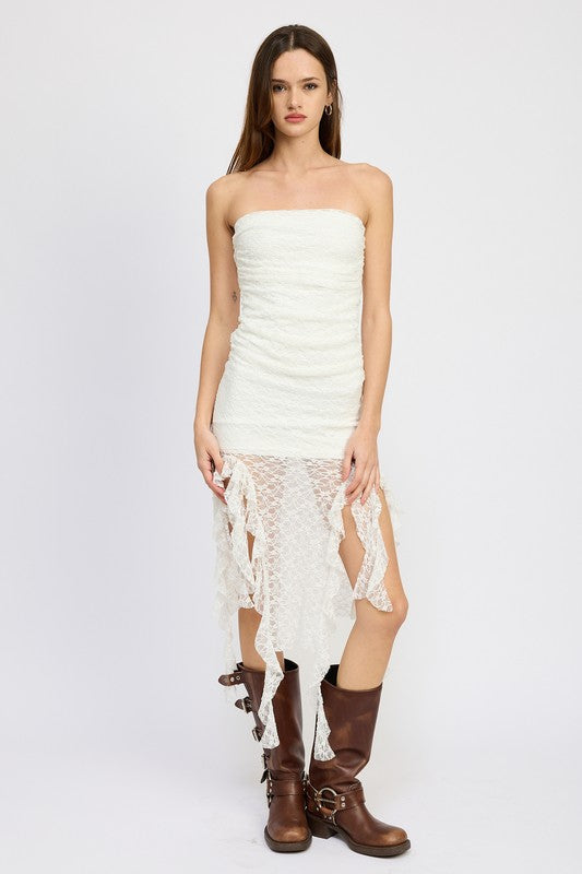 LACE TUBE DRESS WITH RUFFLE DETAIL