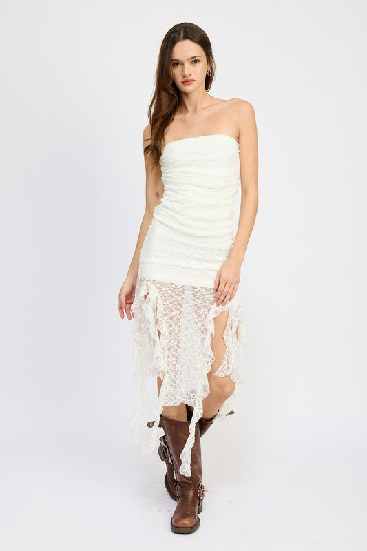 LACE TUBE DRESS WITH RUFFLE DETAIL