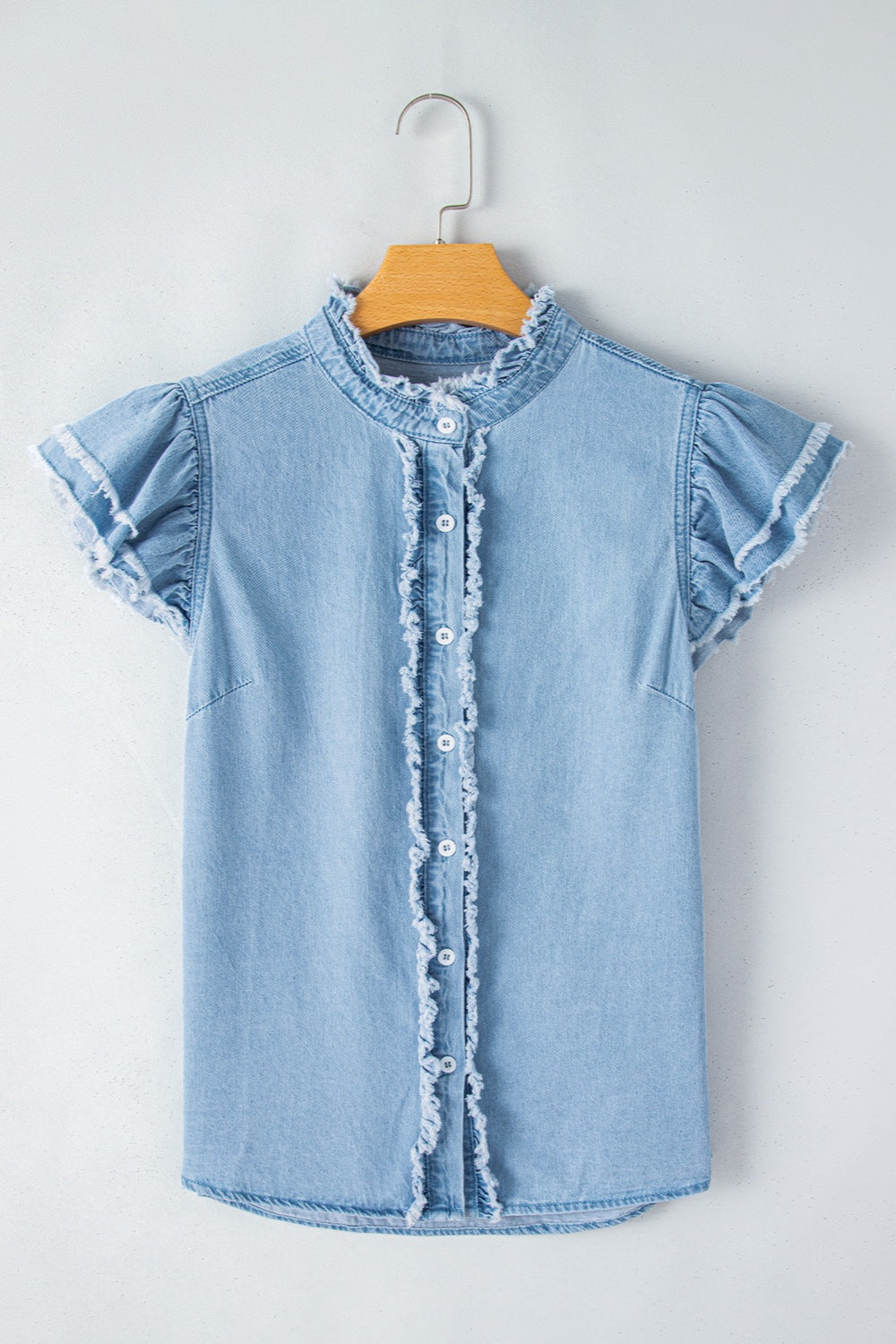 Raw Hem Button Up Cap Sleeve Denim Top