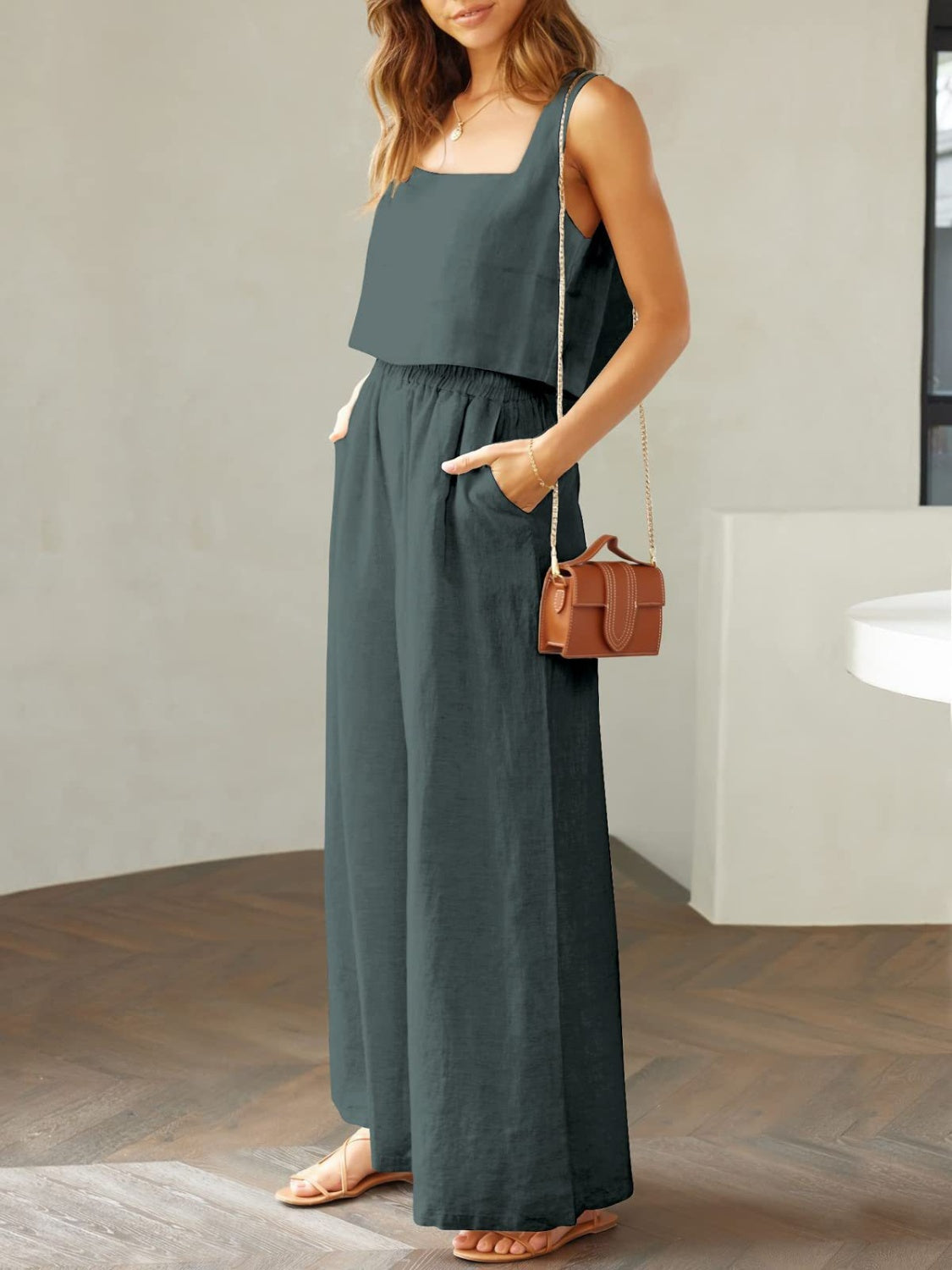 Square Neck Top and Wide Leg Pants Set