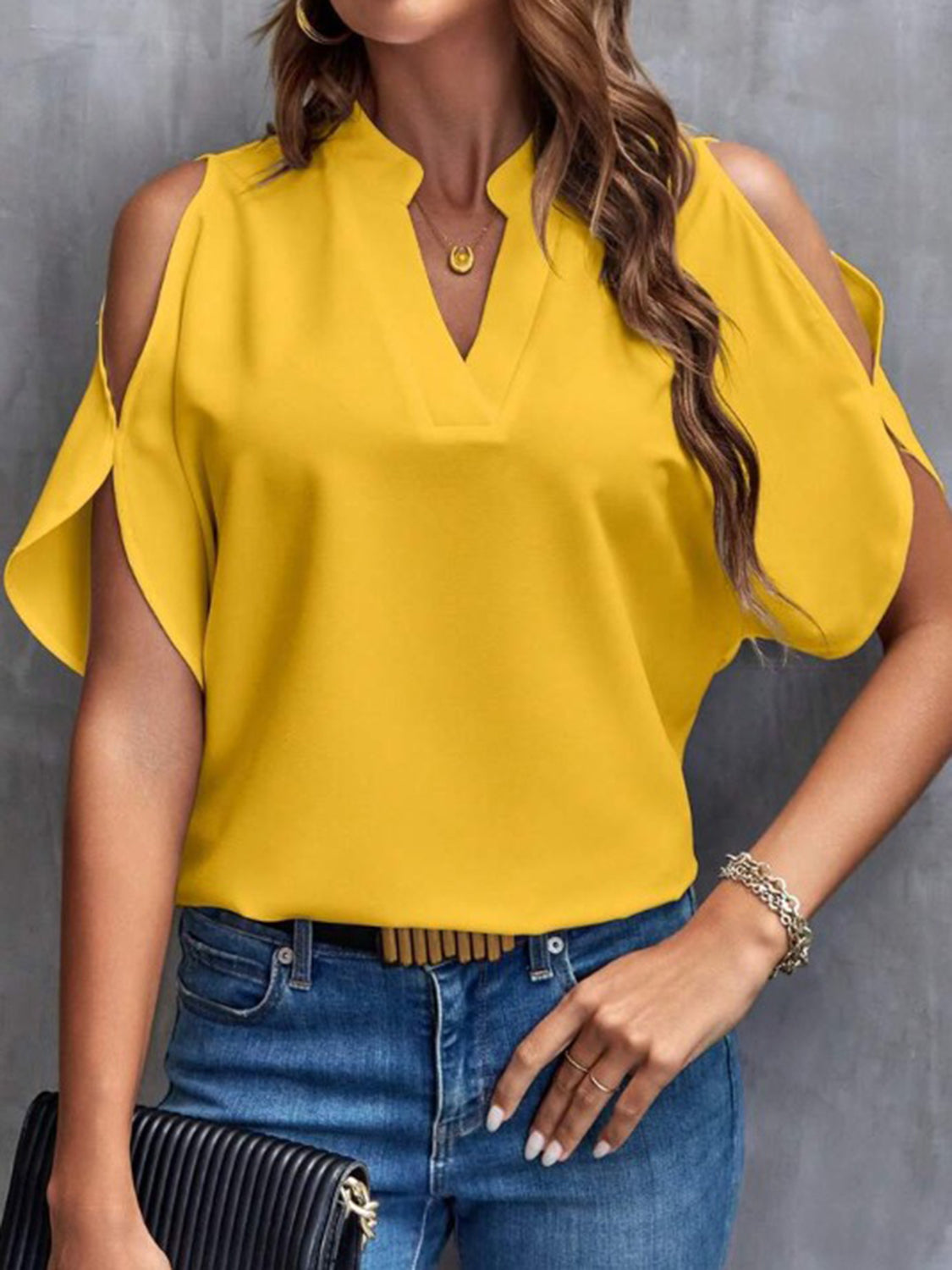 Notched Cold Shoulder Half Sleeve Blouse