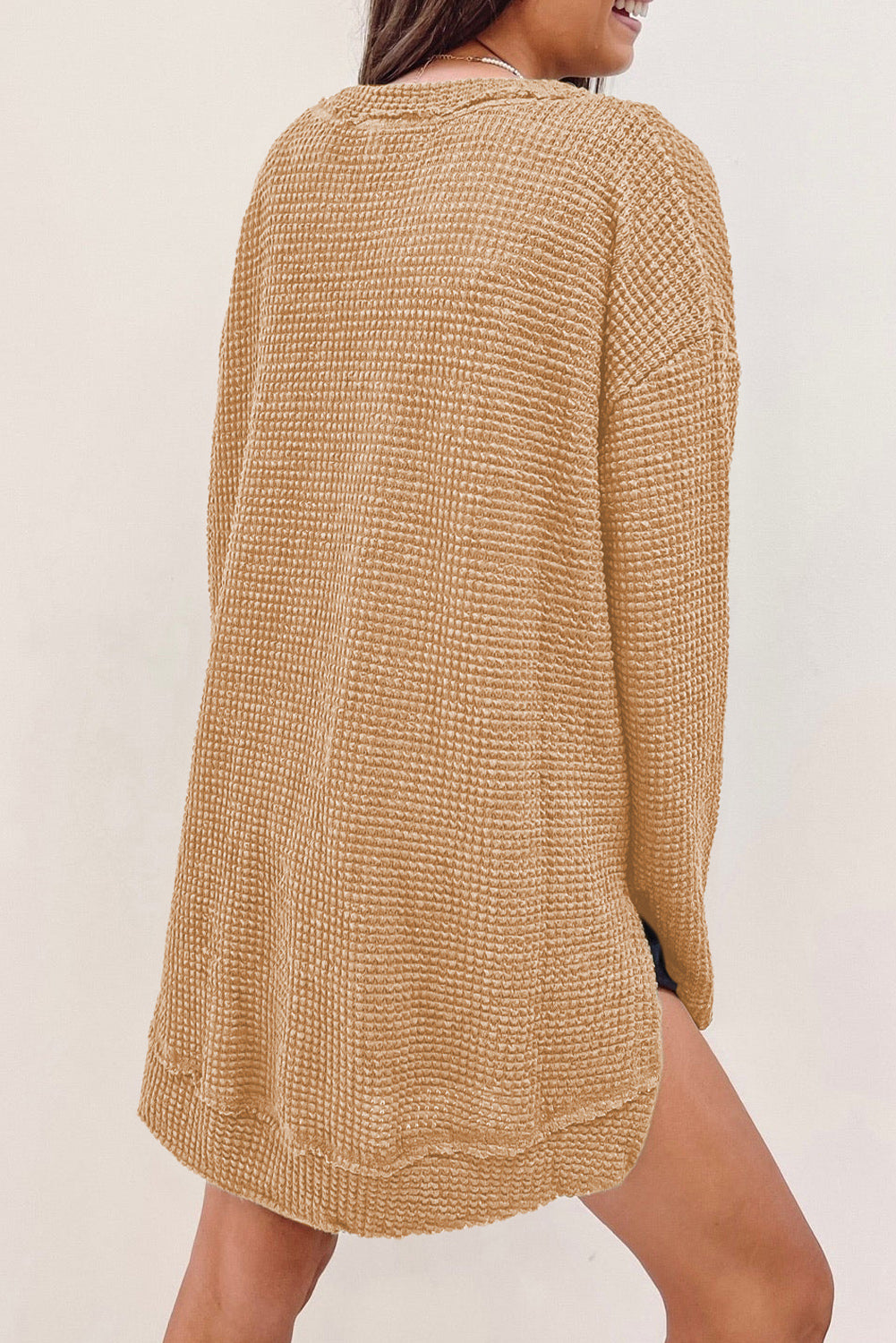 Waffle-Knit Round Neck Long Sleeve Sweatshirt