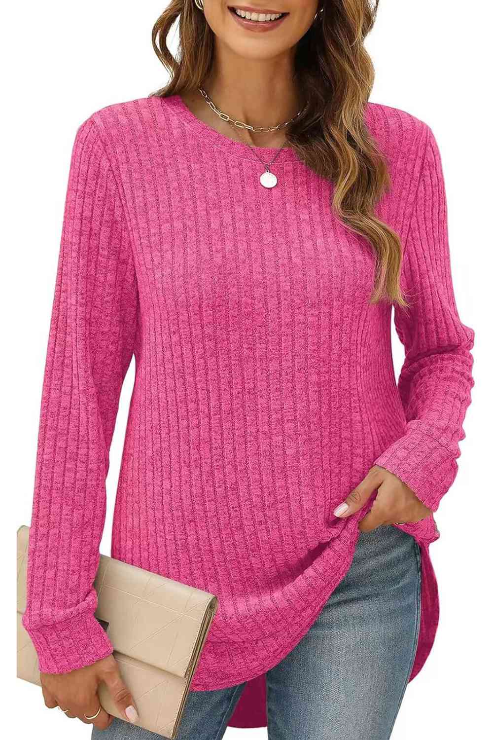 Ribbed Round Neck Long Sleeve T-Shirt