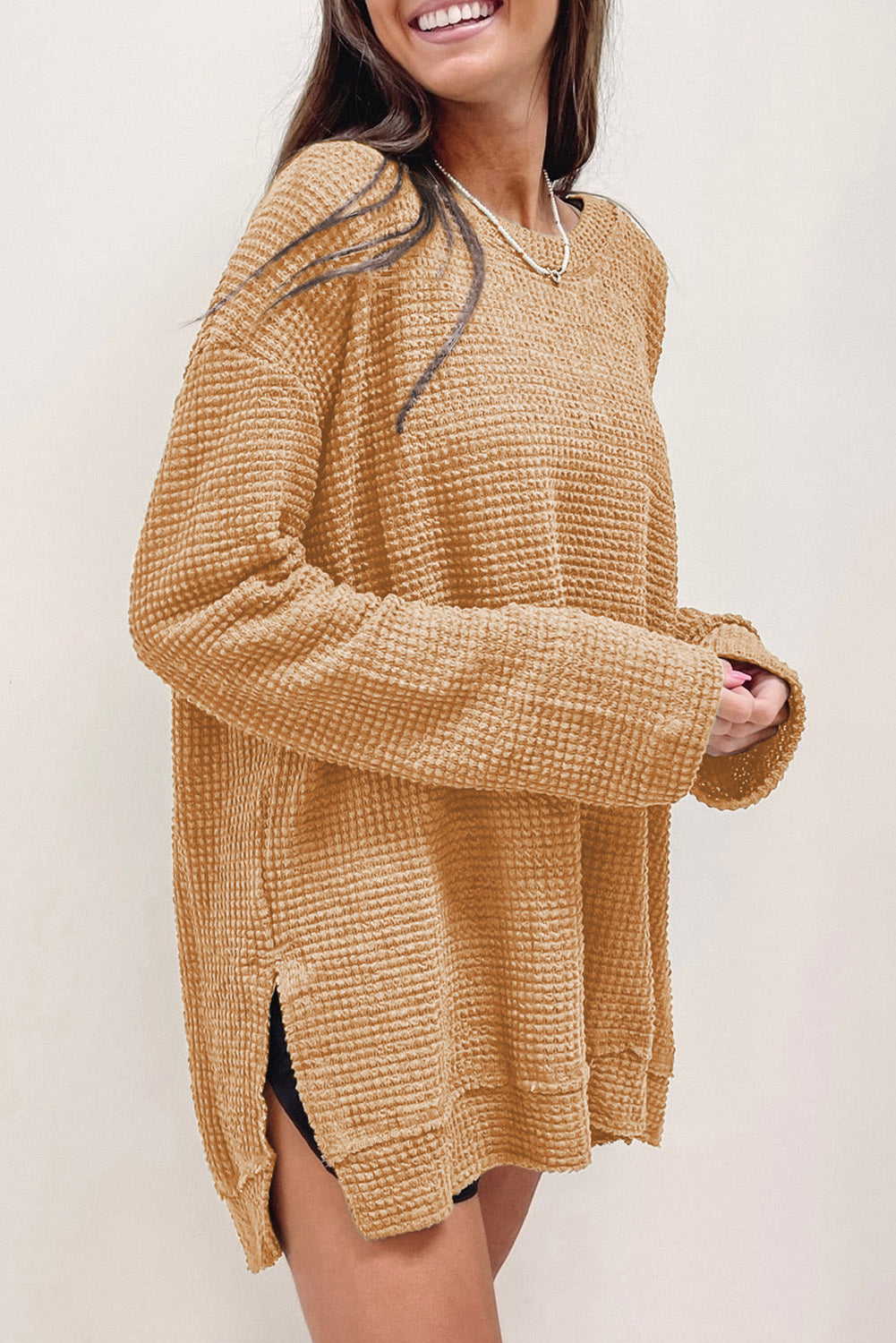 Waffle-Knit Round Neck Long Sleeve Sweatshirt